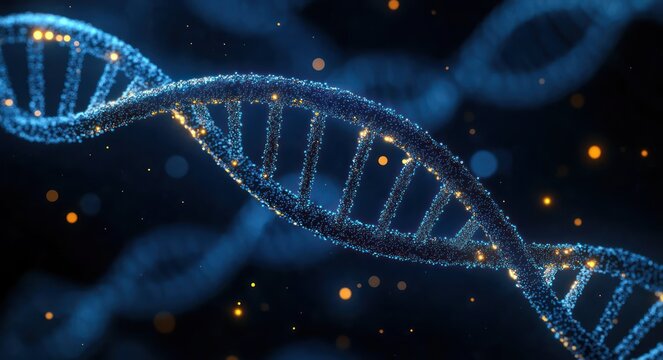 Detailed digital rendering of a glowing blue DNA double helix structure with bright highlights and floating particles conveying complexity and scientific innovation - Powered by Adobe