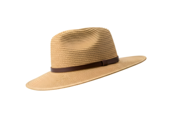 Light beige straw hat with a brown band.