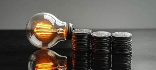 Glowing vintage light bulb lying next to three stacked piles of coins on reflective black surface representing concept of energy cost or investment