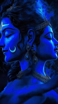 Mystical Ardhanarishvara digital painting, sacred fusion of Shiva and Parvati. Hindu symbolism, spiritual harmony, cosmic balance. Meditation, yoga, religion, ancient. Indian God Krishna in Space love