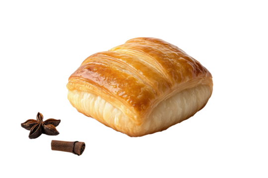 Puff Pastry Delight: A single, golden-brown puff pastry sits invitingly next to star anise and cinnamon, evoking a sense of warmth and culinary artistry.