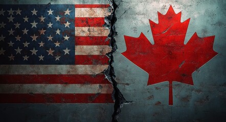 Grunge cracked wall featuring the flags of the United States and Canada side by side symbolizing division or contrast