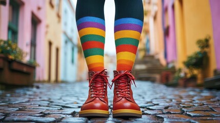 Close-up of person wearing rainbow-striped socks and red boots standing on a cobblestone street with colorful buildings in the background