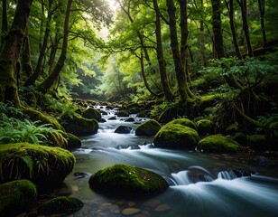 Naklejka premium Lush forest stream. Sunlight filters through trees