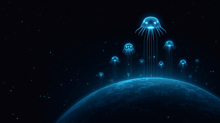 A minimalist, clean vector graphic showing several stylized, glowing bacteriophage illustrations, which look like friendly lunar landers, gently attaching to a much larger, simple spherical bacterium.