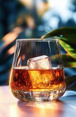 Close-up of a glass with amber liquid and an ice cube reflecting warm sunlight with blurred natural background and green plant leaves
