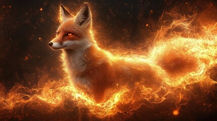 A majestic fox surrounded and partially enveloped by vivid swirling flames, glowing with intense orange and yellow light, exuding a powerful and mystical aura