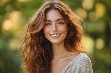 Close-up portrait of a young woman with long wavy red hair smiling softly with a natural green blurred outdoor background