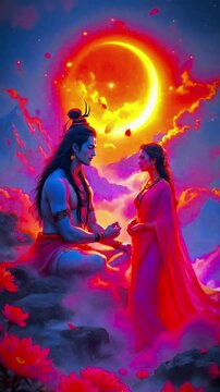 Indian Hindu Lord Shiva and Goddess Parvati in heaven with clouds and crescent moon background on the mountains. Krishna, Devine love, Romance, Couple, Spiritual journey, celestial bond. Love in sky.