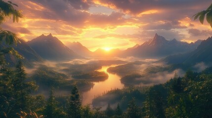 Golden sunrise illuminating misty river winding through dense forest surrounded by towering mountain peaks under dramatic cloudy sky