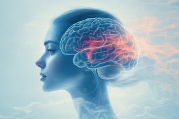 Profile of a serene young woman with a translucent brain illustration showing neural activity and flowing light effects symbolizing thought and cognition