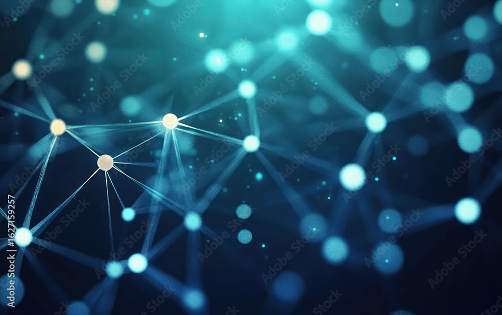 Poster abstract futuristic blue network with glowing interconnected nodes and lines on dark background repr