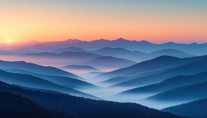 Sunrise over multiple layered mountain ranges with mist filling valleys and a clear gradient sky from orange to blue creating a serene and peaceful atmosphere