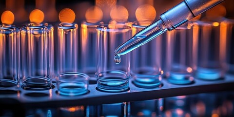 Close-up of a pipette dripping blue liquid into a row of transparent test tubes with warm orange and blue lighting creating a scientific and focused atmosphere