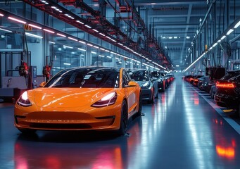Row of electric cars in a high-tech, brightly lit automotive factory with orange car in the foreground and sleek vehicles lined up under industrial lighting