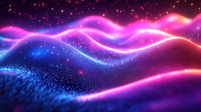 Vibrant colorful glowing waves made of tiny light particles creating a dynamic flowing abstract landscape with bright pink, purple, and blue hues