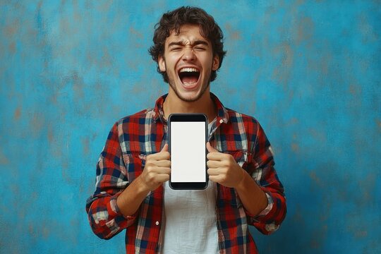 Young man with curly hair wearing red and blue plaid shirt excitedly showing a blank smartphone screen against a textured blue background