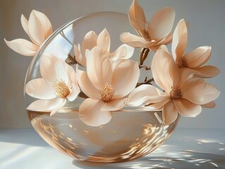 Soft cream-colored magnolia flowers beautifully arranged in a round glass vase with warm natural light casting gentle shadows