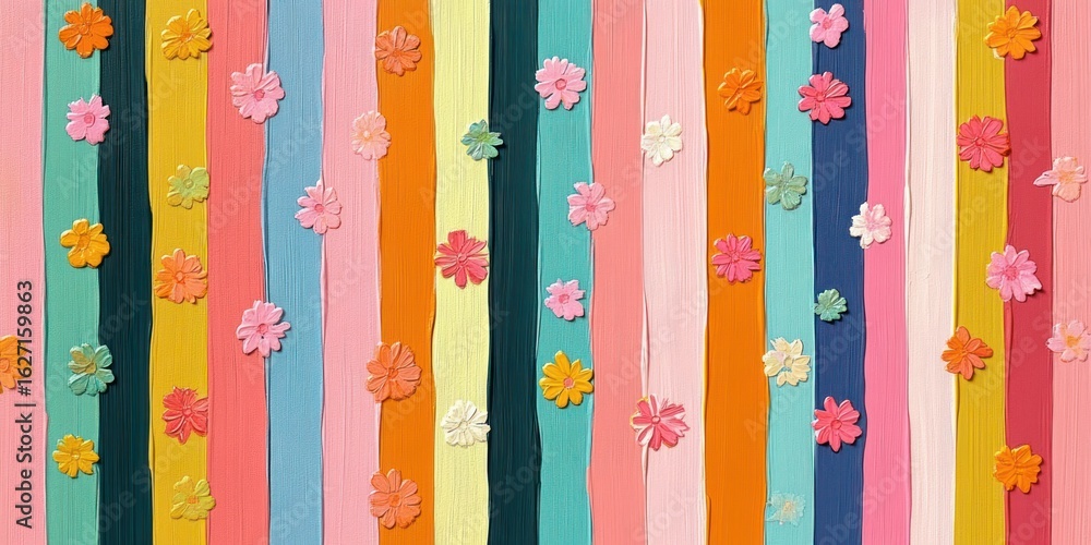 Poster abstract vertical stripes in various bright colors decorated with small 3d flower shapes creating a 