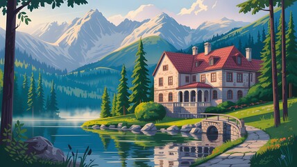 Fototapeta premium A house on the side of a lake