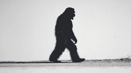 silhouette of a large furry humanoid figure walking against a plain white wall on a dirt ground