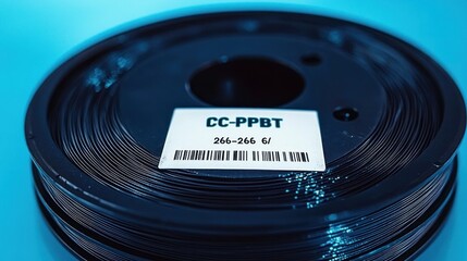 Close-up of a black spool of filament with a white label showing alphanumeric code on a blue background, highlighting texture and light reflections