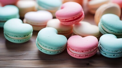 Fototapeta premium Colorful HeartShaped Macarons Pink, Teal, and White French Macarons on Wooden Surface