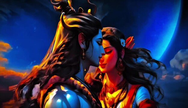 Divine Shiva and Parvati intimately gazing at each other, lovingly embracing. Sacred Hindu gods representing cosmic love, unity in celestial sky. Spiritual, mythological, religious, India, festival.