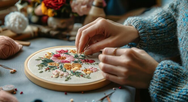 Close-up of hands embroidering colorful floral patterns on fabric hoop in cozy indoor setting with yarn and sewing tools