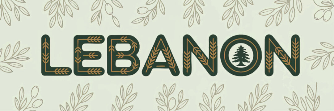 Lebanon Typography with Olive Branches and Cedar Tree Icon &ndash; Green Botanical Design for Travel, Culture, and Nature Themes