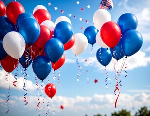 Patriotic balloons floating in a vibrant sky