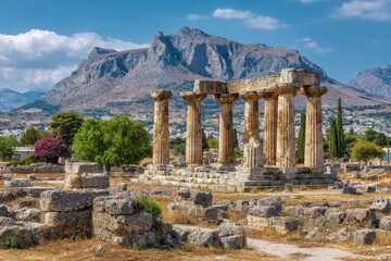 Ancient Greek temple ruins, sunny day, mountain backdrop, travel destination