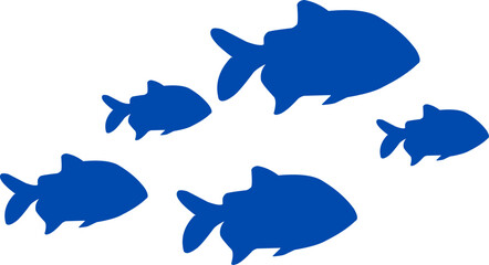 Silhouette vector of small fishes. Set of fish. Silhouettes of groups of sea fishes. Colony of small fish. Icon with river taxers. Logo fish. A group of silhouette fish swim in a circle. Marine life.