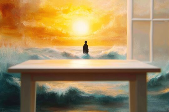 Fototapeta silhouette of a person standing in turbulent waves under a large glowing sunset seen through a window with a wooden table in the foreground creating a surreal and contemplative mood