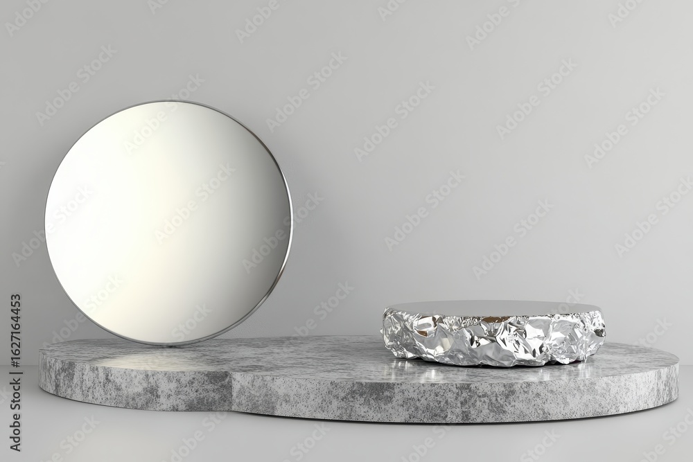 Poster gray stone platform with a metallic circle and a metallic product display.