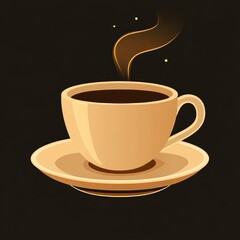 Obraz premium Illustration of a steaming cup of coffee in a beige cup with saucer on a dark background evoking warmth and comfort