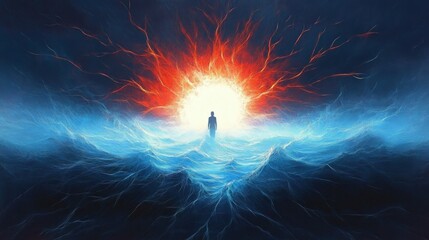 Silhouette of a person standing amidst glowing blue waves facing a bright fiery sun with radiant orange and red lightning tendrils against a dark background