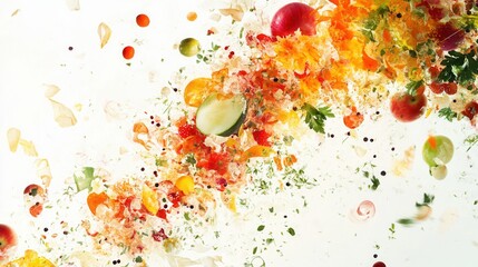 fruits, vegetables, and herbs in an artistic food explosion