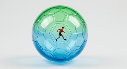 Transparent soccer ball with blue green gradient and athlete illustration