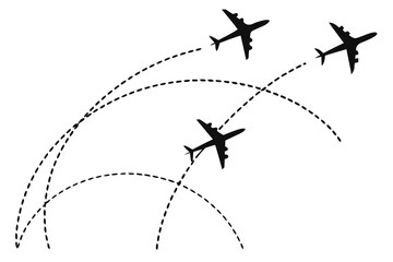 Airplane with dotted line route. flying plane with twisted, curved and straight dashed trace path. transparent png and vector illustration.

