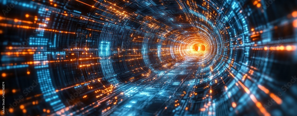 Poster dynamic digital tunnel with glowing blue and orange light patterns creating a futuristic, high-tech 