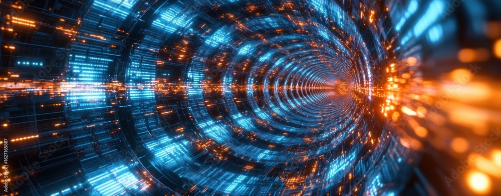 Poster futuristic digital tunnel with glowing blue and orange lights creating a sense of dynamic motion and