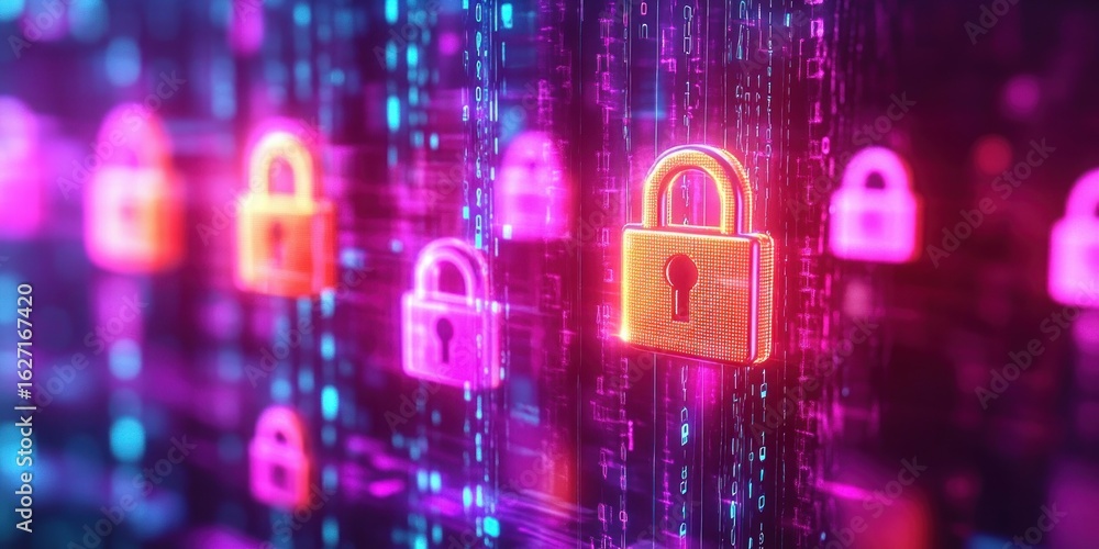 Aufkleber multiple glowing padlocks representing digital security protection with neon blue and pink backgroun
