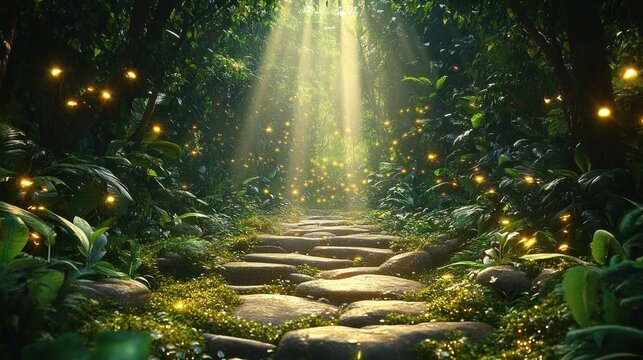 Sunlight softly illuminating a lush forest path lined with green plants and glowing fireflies, creating a magical and serene atmosphere