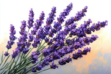 Detailed close-up of vibrant purple lavender flowers with green stems against a softly blurred pastel background