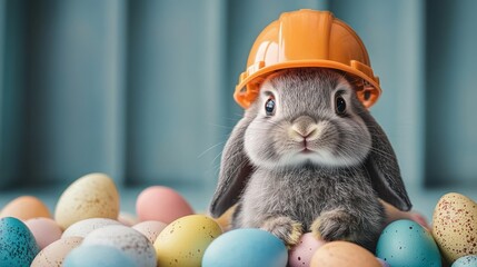 cute gray rabbit wearing an orange construction helmet surrounded by colorful Easter eggs with a soft blue background