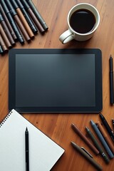 A top-down image of digital drawing tablet surrounded by markers, sketchbook, and coffee mug on wood surface