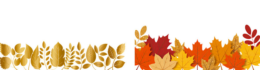Obraz premium Transparent background fall leaf divider with golden metallic and warm-toned foliage for seasonal trim, frame accent or festive digital edge design
