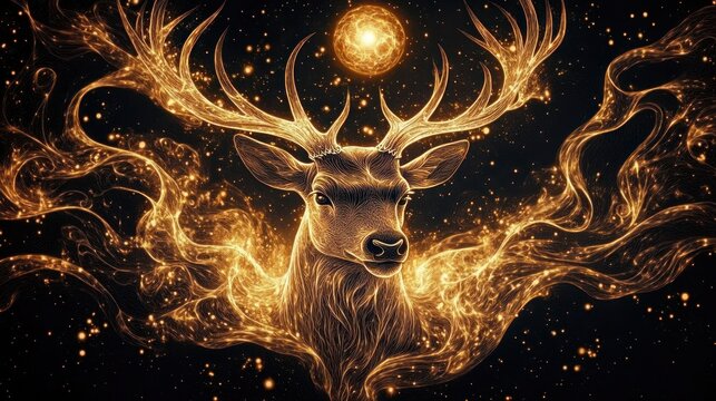 Majestic glowing deer with large antlers surrounded by swirling golden light particles and a luminous orb above, evoking a sense of mysticism and wonder