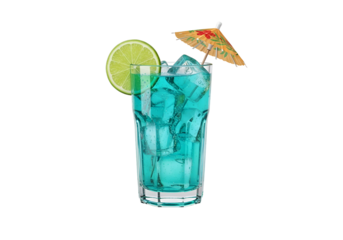 Refreshing turquoise cocktail with lime garnish.
